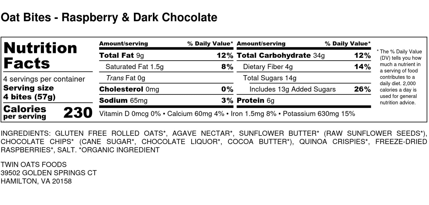 Twin Oats Foods Oat Bites - Raspberry & Dark Chocolate Nutrition Label