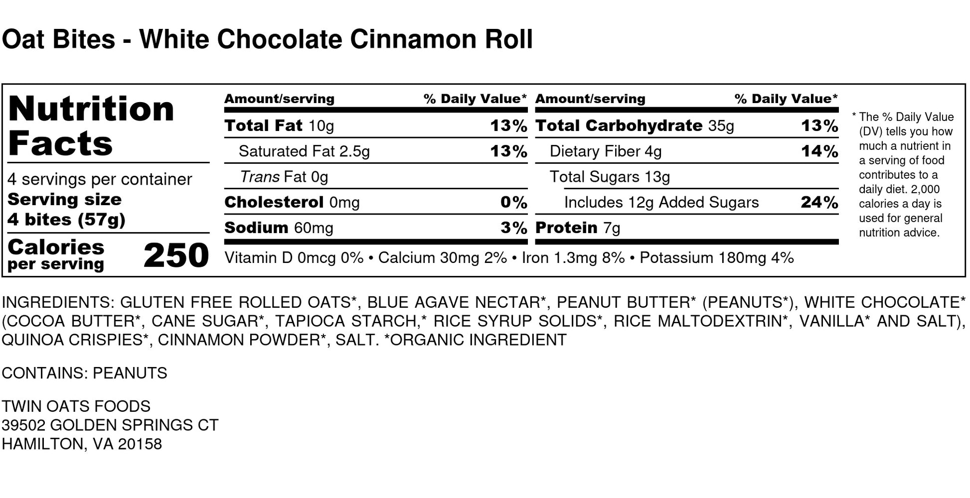 Twin Oats Foods Oat Bites - White Chocolate Cinnamon Roll Nutrition Label