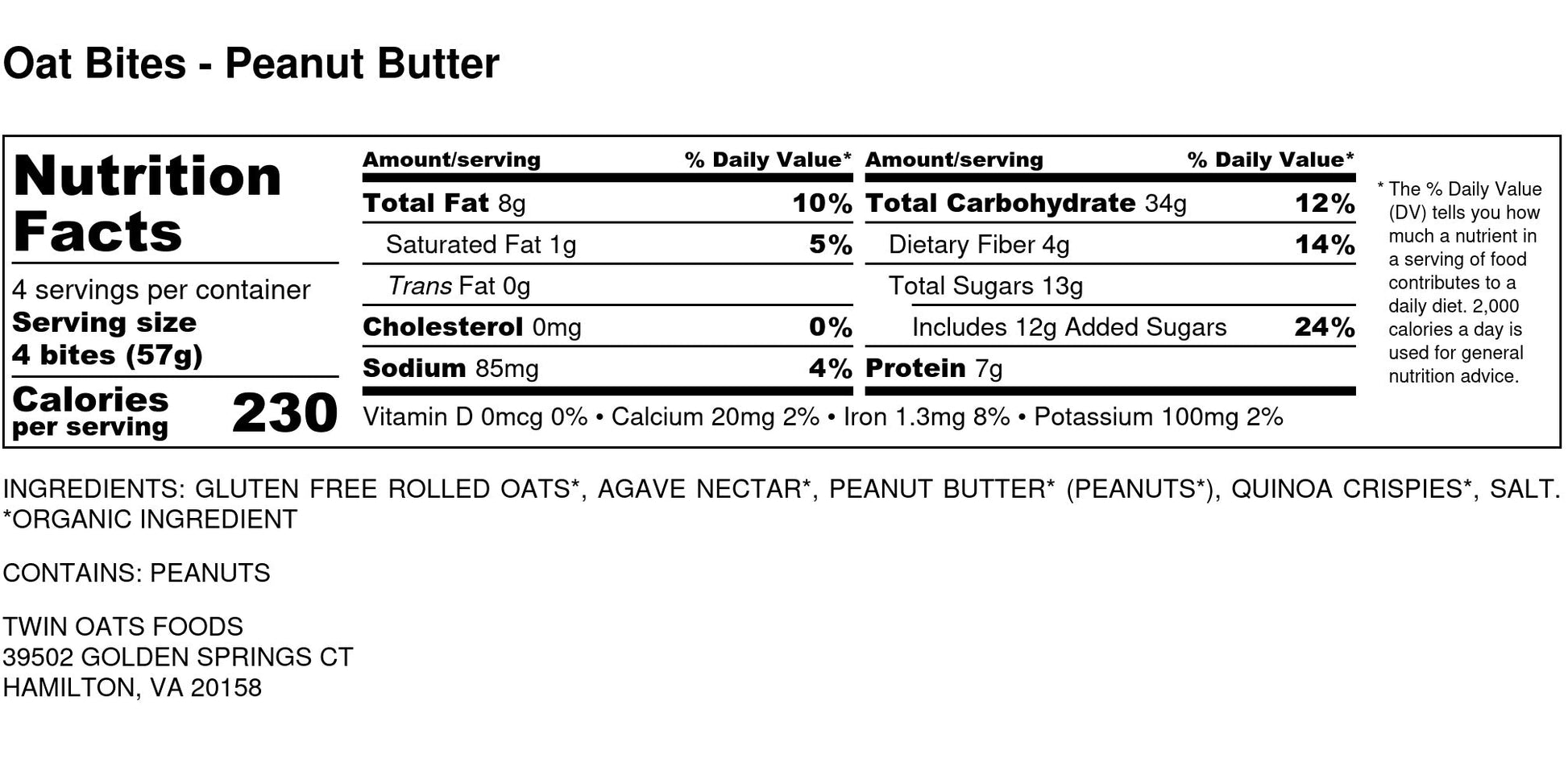 Twin Oats Foods Oat Bites - Peanut Butter Nutrition Label