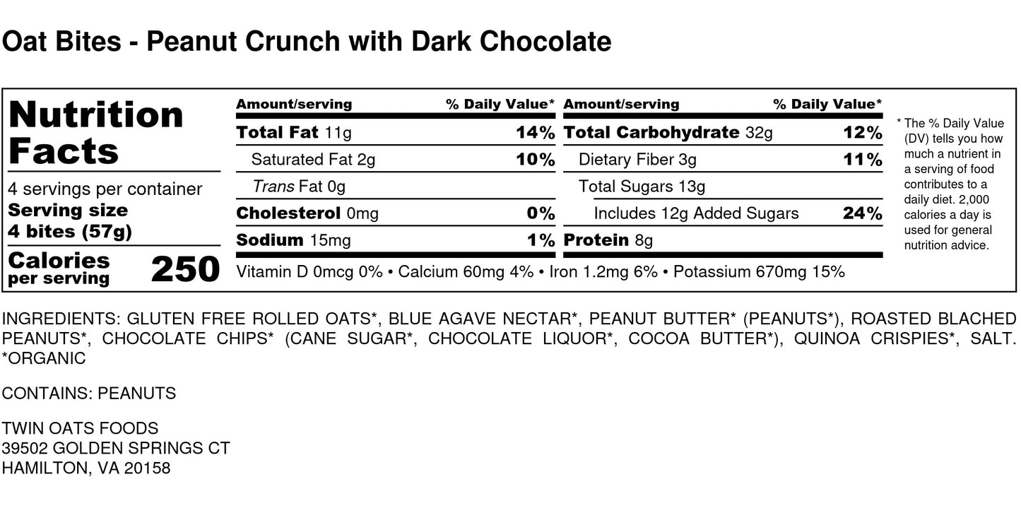 Twin Oats Foods Oat Bites - Peanut Crunch with Dark Chocolate Nutrition Label