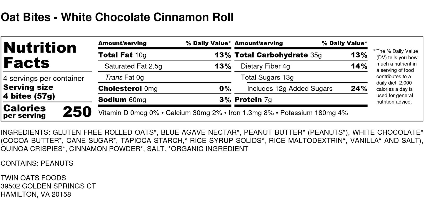 Twin Oats Foods Oat Bites - White Chocolate Cinnamon Roll Nutrition Label
